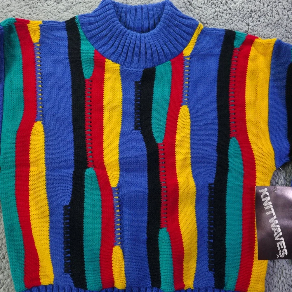 Vintage Knitwaves Kids Sweater 90s Multi Color Abstract Stripe Made in USA NWT